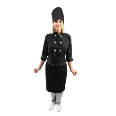 Imagem de Kit chef cozinha feminino Dolmã manga 3/4 + Avental preto + Chapéu pre