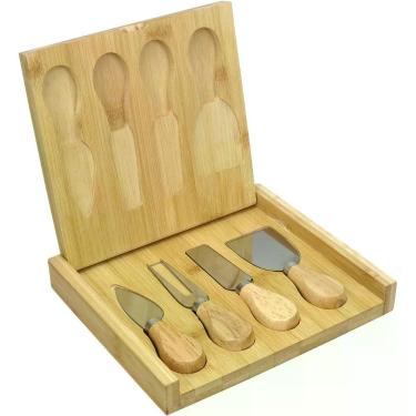 Imagem de Jogo de Queijos Home&co 4 Peças Bambu Natural com Tampa Inox para Casa e Cozinha Home & Co