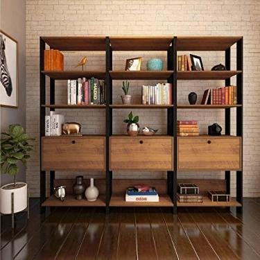 Imagem de Conjunto 3 Estantes para Livros Industrial 1 Porta Mdp Match Espresso Móveis