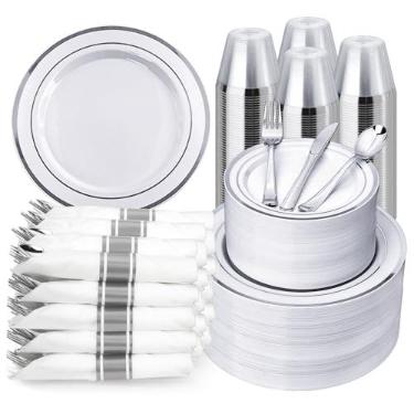 Imagem de BESTVIP Conjunto de louça de plástico prata 700 peças para 100 convidados, pratos descartáveis para festa, inclui: 200 pratos de plástico, 100 guardanapos pré-enrolados com talheres prateados, 100