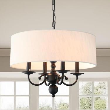 Imagem de Cawabien Lustre Drum, Luminária Pendente De Teto Com 4 Luzes E Cúpula Bege, Para Sala Jantar, Estar, Quarto, Cozinha Ilha (17,75")