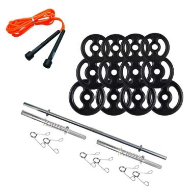 Imagem de Kit Anilhas Ferro 40Kg + Barras Com Presilhas + Corda - SEPO