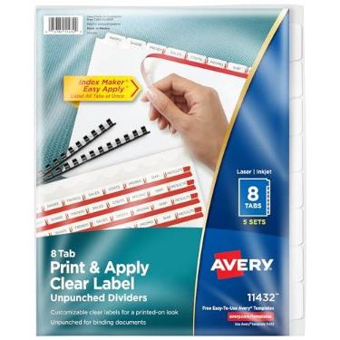 Imagem de Divisórias transparentes para etiquetas Avery Index, 21,6 x 27,9 cm, 8 abas, Branco, 5 Sets