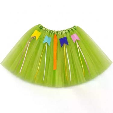 Imagem de Saia Junina Infantil de Tule com Bandeirinhas e Fitas 30CM Verde Claro Extra Festas