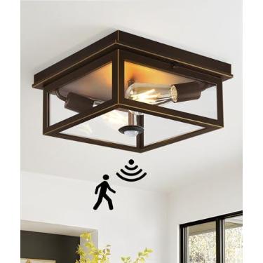 Imagem de Luz de teto externa com sensor de movimento com controle remoto, luminária de varanda de bronze polido a óleo de 30 cm com tampa de vidro United, 5 modos de luz de montagem embutida externa para