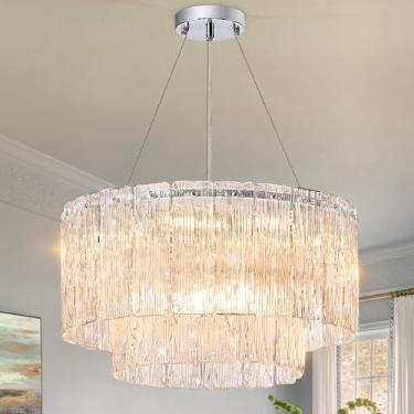 Imagem de CATINER Lustres cromados modernos, luminárias pendentes de teto de vidro cristal de 7 luzes de 50,8 cm, lustre redondo de luxo, 2 camadas, iluminação suspensa para sala de jantar, hall de entrada