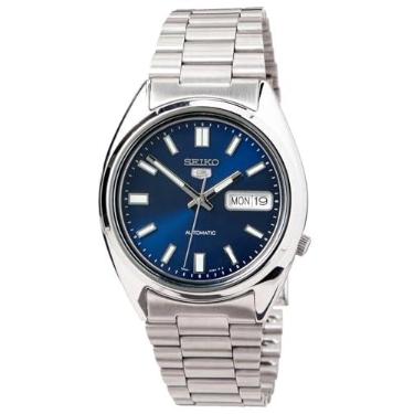 Imagem de SEIKO 5 Relógio masculino de aço inoxidável com mostrador azul automático SNXS77, Azul/Esqueleto, 37 mm, Clássico