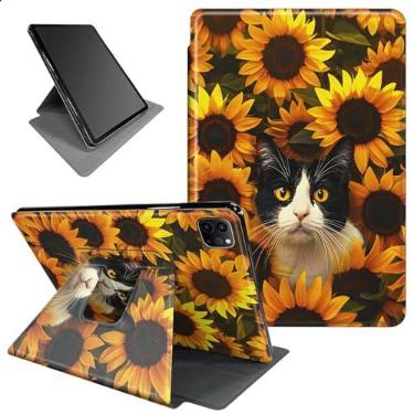 Imagem de BFSEROBJ Capa inteligente para iPad Pro de 11 polegadas 2024 (M4) 360 graus rotativos com suporte para iPad Pro 11 polegadas, versão 2024, versão 2024 - girassóis amarelos e gato