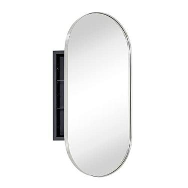 Imagem de EGHOME Armário de medicamentos de banheiro embutido oval de níquel escovado com espelho de aço inoxidável emoldurado em metal oblongo armário de banheiro em forma de pílula com espelho 40,6 x 83 cm