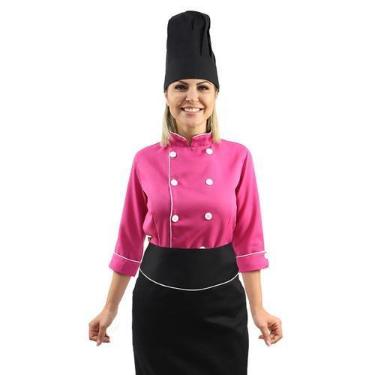 Imagem de Kit chef cozinha feminino Dolmã manga 3/4 + Avental preto + Chapéu pre