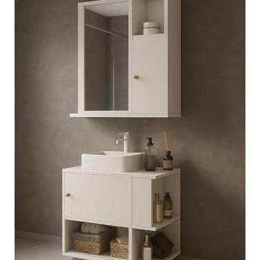 Imagem de Conjunto Kit Gabinete Armário Balcão Aéreo Suspenso Lavabo Pia Banheiro Compacto 1 Porta Nicho Organizador com Espelheira Suspensa Parede Bancada Prateleira Espelho 1 Porta Deca Aqua (Branco)