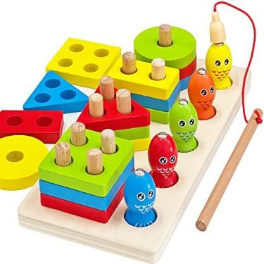 Imagem de GKPLY Montessori Toys Classificação de madeira empilhamento & Jogo de Pesca Magnético 2-em-1 Brinquedos para 1 2 3 Anos Crianças Meninos Meninas Reconhecimento de Cores Empilhador Forma Sorter Que
