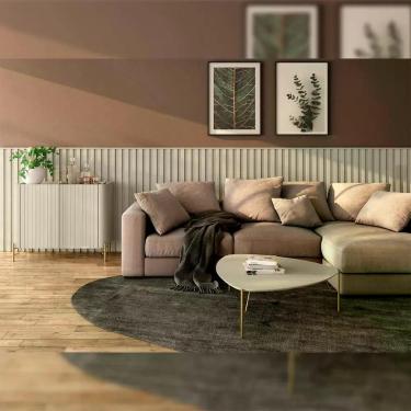 Imagem de Kit para Sala de Estar Painel Ripado Buffet Mesa de Centro 2 Portas 1 Prateleira MDF 360CM Luna com Dourado Casa Lar