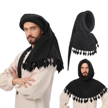 Imagem de UJUROU Chapéu masculino Chaperon boné medieval com aba enrolada Liripipe Renaissance FaireFestival LARP acessórios (preto)