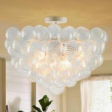 Imagem de BeyPan Lustre De Vidro Bolha Com Acabamento Branco, 24" Diâmetro, Semi-Embutido, Luzes Teto, Lustres Globo Soprado Nervuras Transparentes, Luminárias Mesa Jantar Para Sala Estar, Hall Entrada