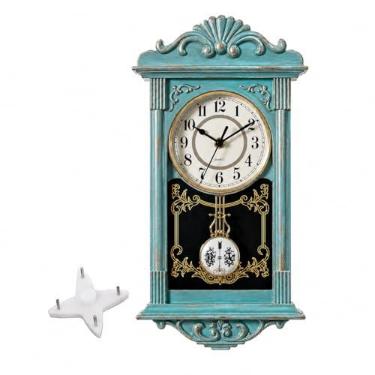 Imagem de Clockswise Relógio de parede vintage com aparência de madeira com pêndulo de plástico decorativo operado por bateria, para decoração de escritório ou casa azul com design envelhecido dourado