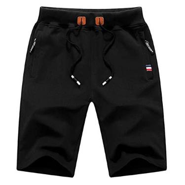 Imagem de UNeedVog Shorts de verão masculino esportivo bermudas casual academia shorts com cordão e bolsos com zíper, Preto, Large