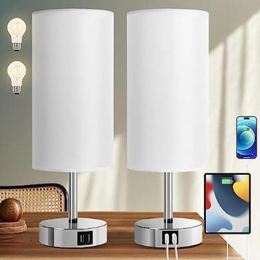 Imagem de Yarra-Decor Candeeiros de cabeceira com porta USB – Candeeiro de mesa com controle de toque para quarto, 3 vias, regulável, conjunto de 2 lâmpadas com cortina redonda de tecido branco para sala de