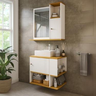 Imagem de Conjunto Kit Gabinete Armário Balcão Aéreo Suspenso Lavabo Pia Banheiro Compacto 1 Porta Nicho Organizador com Espelheira Suspensa Parede Bancada Prateleira Espelho 1 Porta Deca Aqua (Offwhite/Freijó)