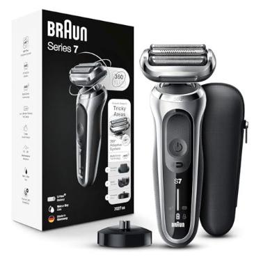 Imagem de Braun Barbeador elétrico para homens, barbeador de folha impermeável, série 7 7027cs, barbear molhado e seco, com aparador de barba, recarregável, suporte de carregamento e estojo de viagem incluídos,