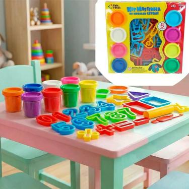 Imagem de Massinha Modelar Números Letras Colorido Brinquedo Educativo com 8 Massinhas e Moldes