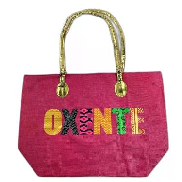 Imagem de Bolsa De Praia Palha Feminina Com Zíper De Ombro Oxente Sacola Ecobag Tote Juta Com Alça Dourada pink