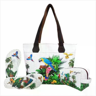 Imagem de Kit Bolsa Feminina Tropical Araras com Necessaire e Chinelo Magicc KIT