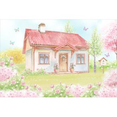 Imagem de Painel de Tecido Sublimado Casa jardim Flores Borboletas Casinha de Pa