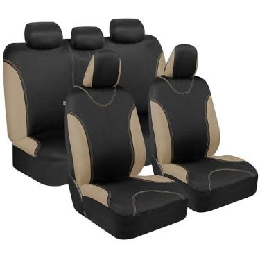 Imagem de BDK Conjunto completo de 9 peças de capas de assento de carro bege acabamento preto - elegante e elegante - banco com opção dividida 5 apoios de cabeça banco dianteiro e traseiro - OS-334-BG_amj