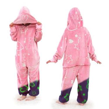 Imagem de Cloele Pijama de macacão de coração que brilha no escuro para meninas - fantasia infantil de lã, flanela felpuda, Halloween, Natal, cosplay, fantasia, roupa de casa/roupa de dormir (coração, M)