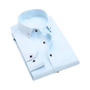 Imagem de Camisa Social Masculina Slim Fit De Manga Longa Com Botões Azul E Bran