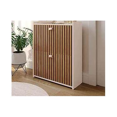 Imagem de Sapateira closet off white/ripado, decorativo para sala quarto corredor, 2 portas, organizadora 12 pares calçados tamanho 40, pago no pix, detalhe em madeira