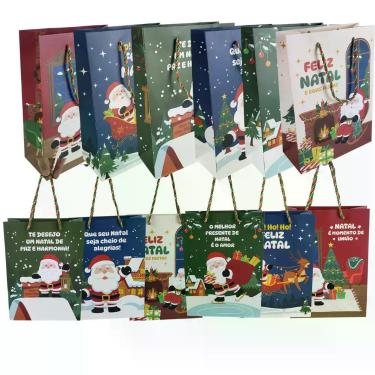 Imagem de Kit 12 Sacolas de Presente Natalina 27cm Papai Noel Natal - MultiA