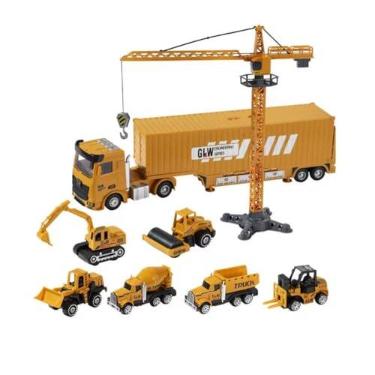 Imagem de Kit Brinquedo Construção Civil, Caminhão Container com Guindaste 41,5cm, 8 Mini Veículos, Escavadeira, Betoneira
