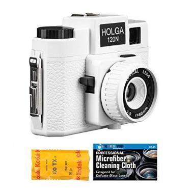 Imagem de Câmera de filme Holga 120N de formato médio (branca) com pacote de filme Kodak TX 120 e pano de microfibra
