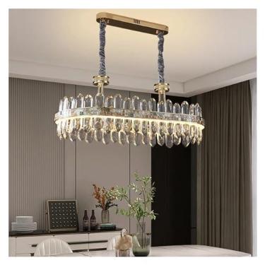 Imagem de Lustre de cristal moderno, iluminação, sala de estar, sala de jantar, decoração de casa, lustre longo redondo dourado, luminária pendente de teto