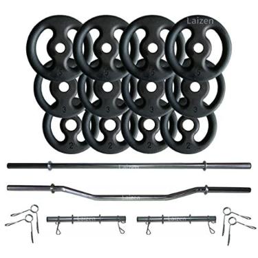 Imagem de Kit de musculação Laizen 40kg Anilhas + 2 Barras 40 + Barra 150 + Barra W