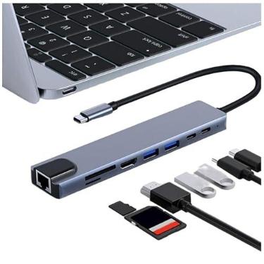 Imagem de Adaptador De Hub 8 Em 1 Com USB Tipo C HDMI 4K Para Notebook Computador Macbook Sd Tf RJ45 Leitor de Cartão Pd Carregamento Rápido Energia 100W Multifuncional Com Várias Portas Entradas