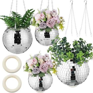 Imagem de Romooa 4 peças de vaso de bola de discoteca de 15,2 cm/20,3 cm pendurado com gancho de corrente e suporte de anel, vaso de flores espelhado para plantas internas e externas 70 anos 80 decorações de
