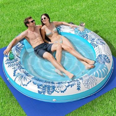 Imagem de Espreguiçadeira inflável para piscina de bronzeamento com lona de proteção, flutuadores de piscina de 190,5 cm x 190,5 cm adulto com travesseiro, boia de jangada de banheira de bronzeamento 6 em 1