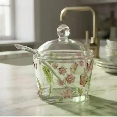 Imagem de Açucareiro Spring de Vidro Com Colher Relevo Rosa Hauskraft 210ml