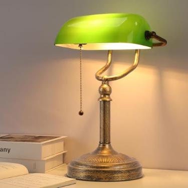 Imagem de NISSAFORS Luminária de mesa Bankers, abajur de vidro verde, lâmpada de mesa vintage com interruptor de corrente, lâmpadas de mesa retrô para escritório em casa, lâmpada LED incluída (ouro retrô +