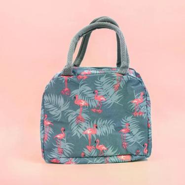 Imagem de Bolsa Marmita Lancheira Termica Estampada Trabalho Faculdade Flamingos Cinza