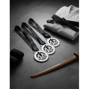 Imagem de Kit 10 Medalhas Para Jiu Jitsu Torneio de Luta De Campeão Premiação 50mm Com Fita Preta