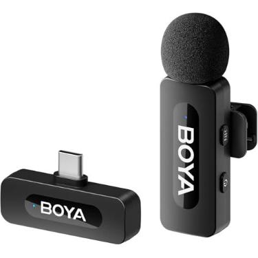 Imagem de Boya BY-V10 Sistema de microfone sem fio omnidirecional de 2,4 ghz com transmissor e receptor para dispositivos tipo C e Android. Para vlog, mídia social, conteúdo do YouTube com bateria recarregável