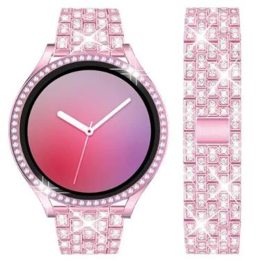 Imagem de DEALELE Pulseiras compatíveis com Samsung Galaxy Watch Active 2 de 40 mm/Active 2 de 44 mm, pulseira de metal inoxidável diamante brilhante com capa protetora de strass (rosa rosa)