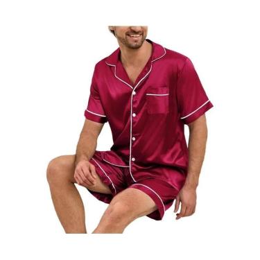Imagem de Conjunto de Pijama Masculino de Cetim - Manga Curta, Botões e Cintura 