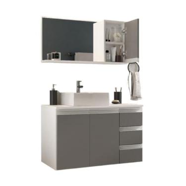 Imagem de Gabinete Banheiro Prisma 80cm (gabinete + cuba + espelheira) Opção: TAMPO VIDRO (Branco/Cinza,COM TAMPO)