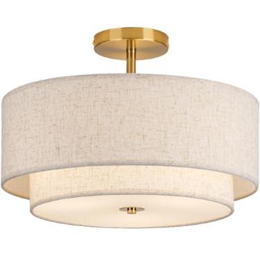 Imagem de CALOKES Luminária De Teto Semi-Embutida Dourada De Tambor Duplo De 16", Com 3 Luzes, Design Clássico De Tecido E Linho Para Sala De Estar, Quarto, Cozinha, Sala De Jantar, Corredor E Entrada