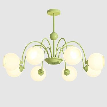 Imagem de Lustre Sputnik de 8 lâmpadas, estilo moderno de meados do século XX, com globo verde nórdico, para ilha de cozinha. Luminária de teto em vidro leitoso. Lustre vintage industrial.